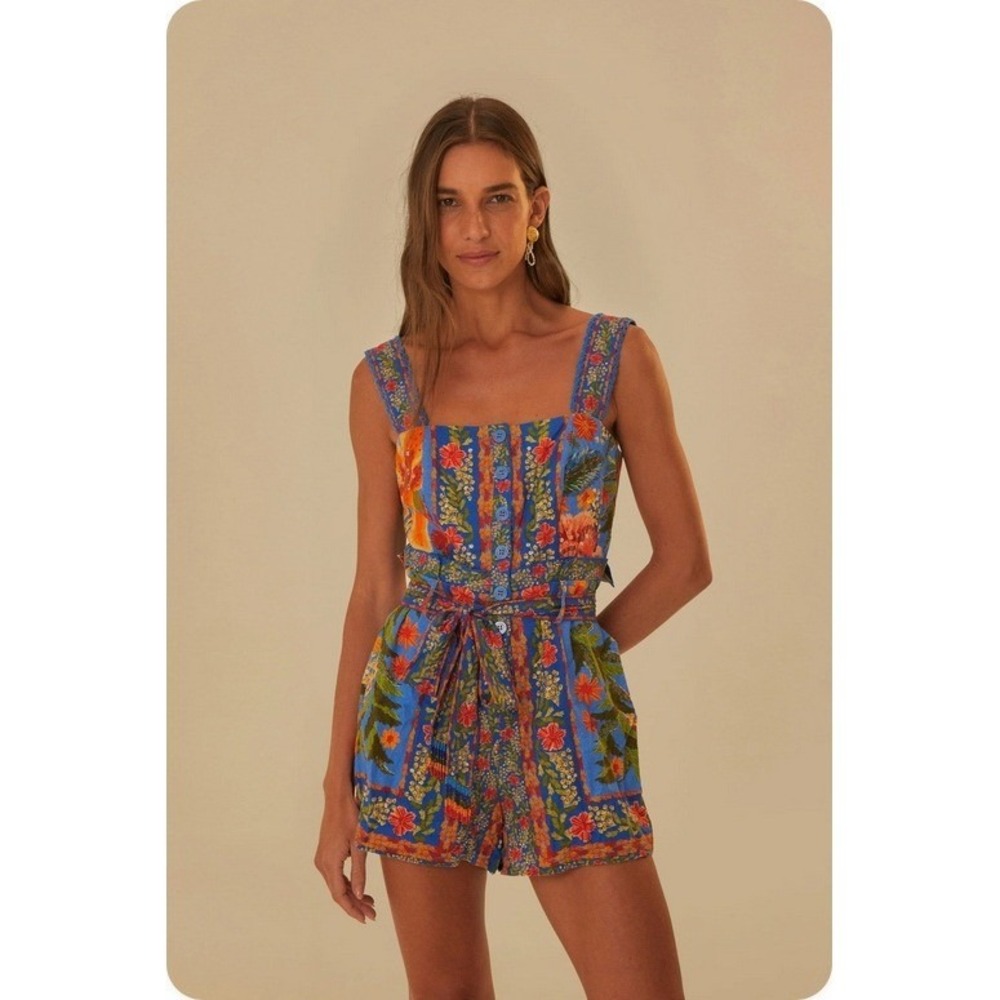 Farm Rio Blue Tropical Tile Floral Button Front Belted Romper Women's Size XS